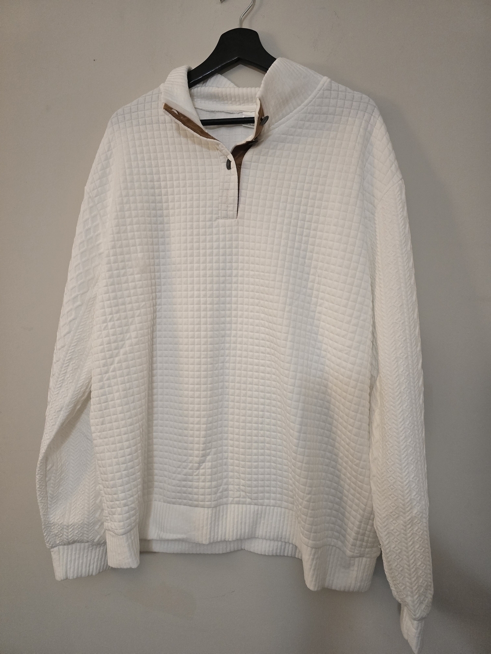 Men's White Quarter-Button Textured Sweater With Pathwork Elbows